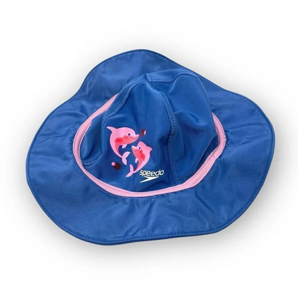 Speedo UV 50 Bucket Swim Hat Kids Baby Sz S/M 6-12 Months Blue Pink Dolphins